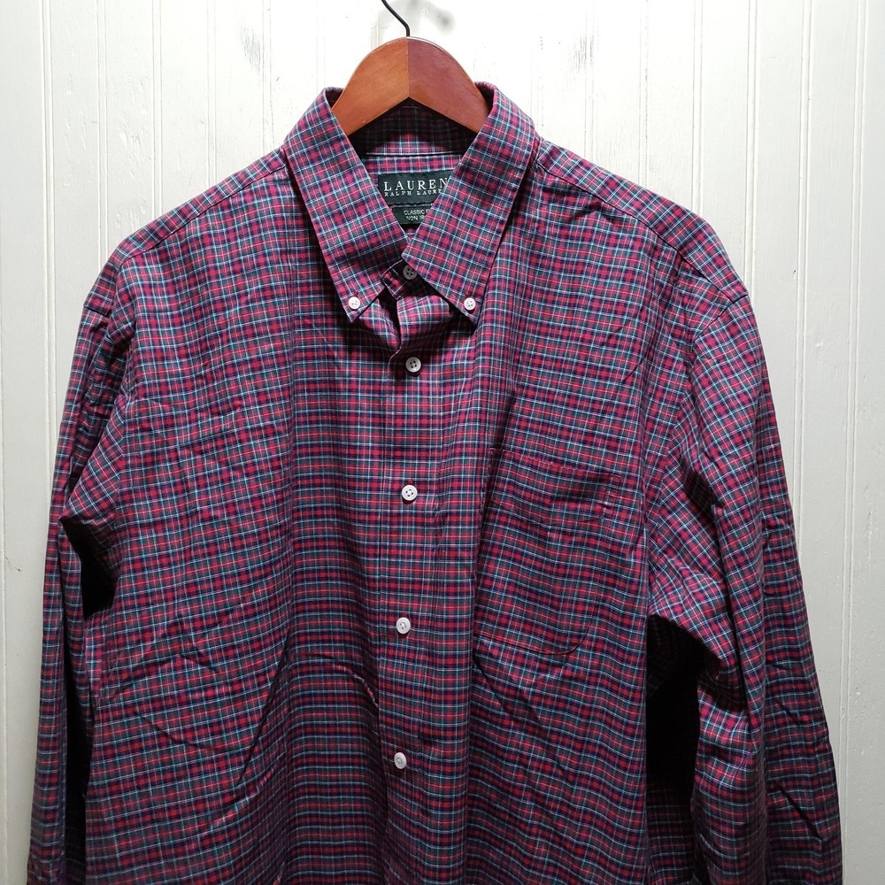 Lauren Ralph Lauren Shirt‎ Mens XL Red Plaid Long Sleeve Non-Iron Button-Down